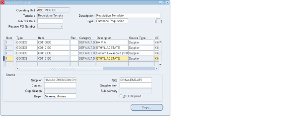 Oracle Purchasing  create multiple lines on same Requisition Template 