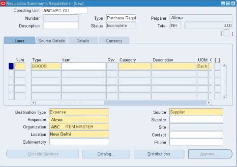 Requisition summary to Requisitions form