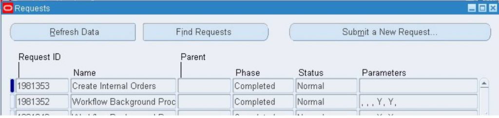 Report Status of submitted request for Internal order oracle apps R12