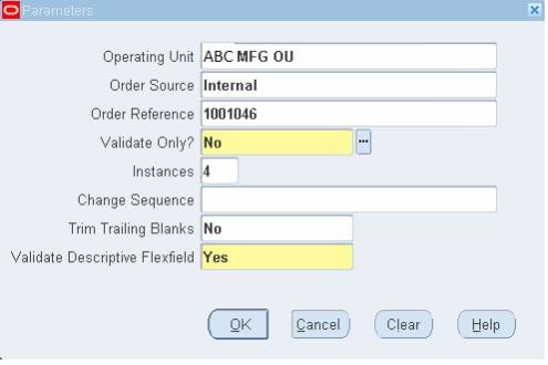 Select Parameters to import internal order oracle apps R12