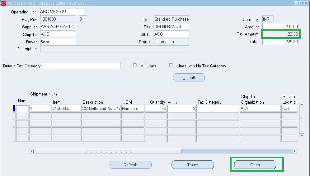  Purchase order header with tax amount