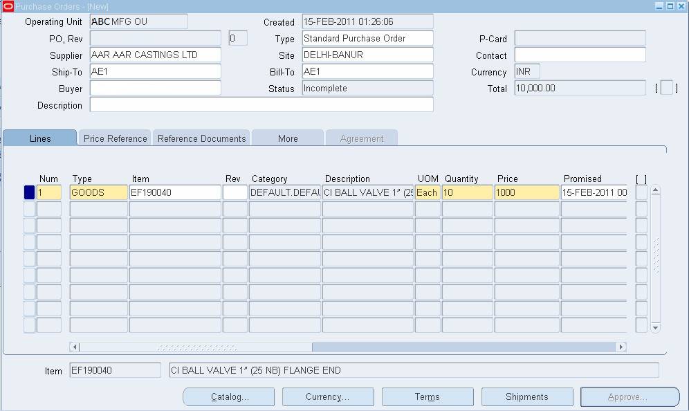 Purchase Order manual enter item details