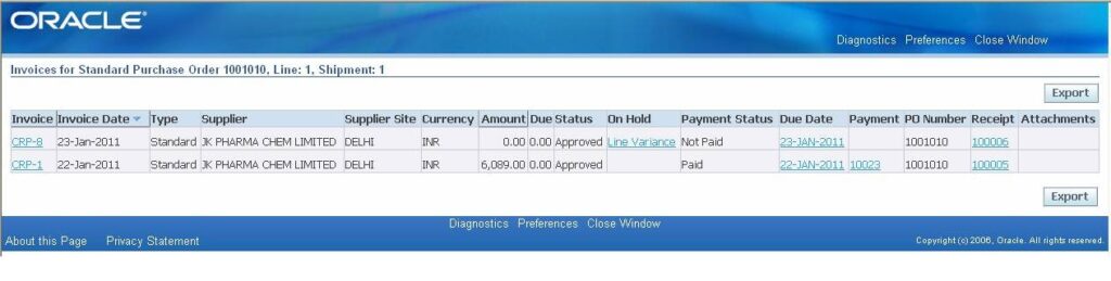 Invoices for Purchase orders