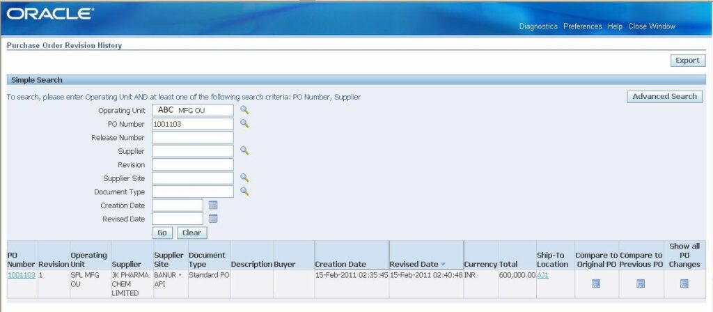 Purchase Order Revision History Details