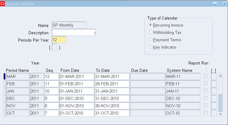 Special Calendars in Accounts payable