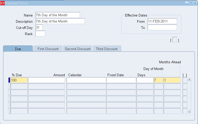 Oracle payable payment terms