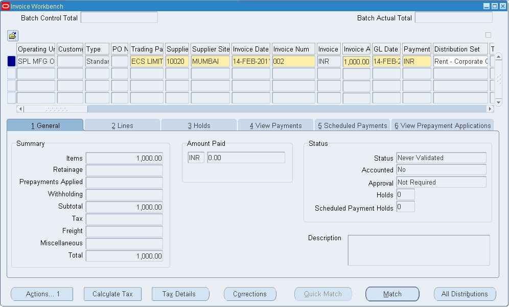 invoice with distribution sets