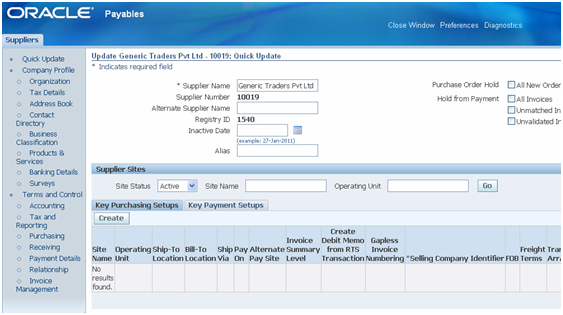 Supplier Quick update page